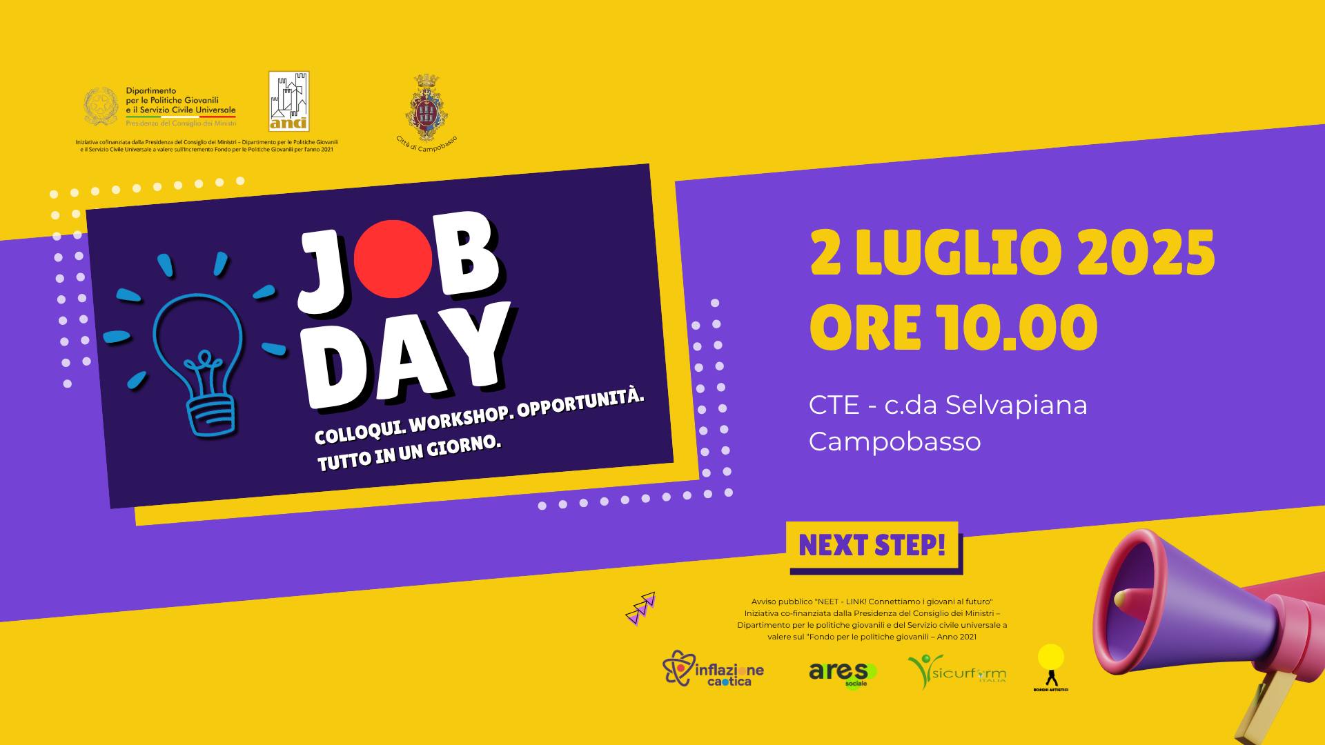Locandina ufficiale del Job Day Campobasso del 2 luglio 2025 alla CTE. Evento per giovani in cerca di lavoro e aziende che cercano talenti, con colloqui, workshop e spazi gratuiti.